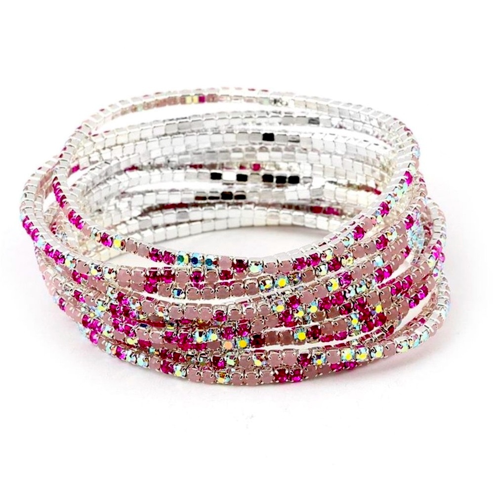 Rhinestone Crystal Layered Stretch Bracelets | 12 PCS (Pink) - Picture 2 of 7